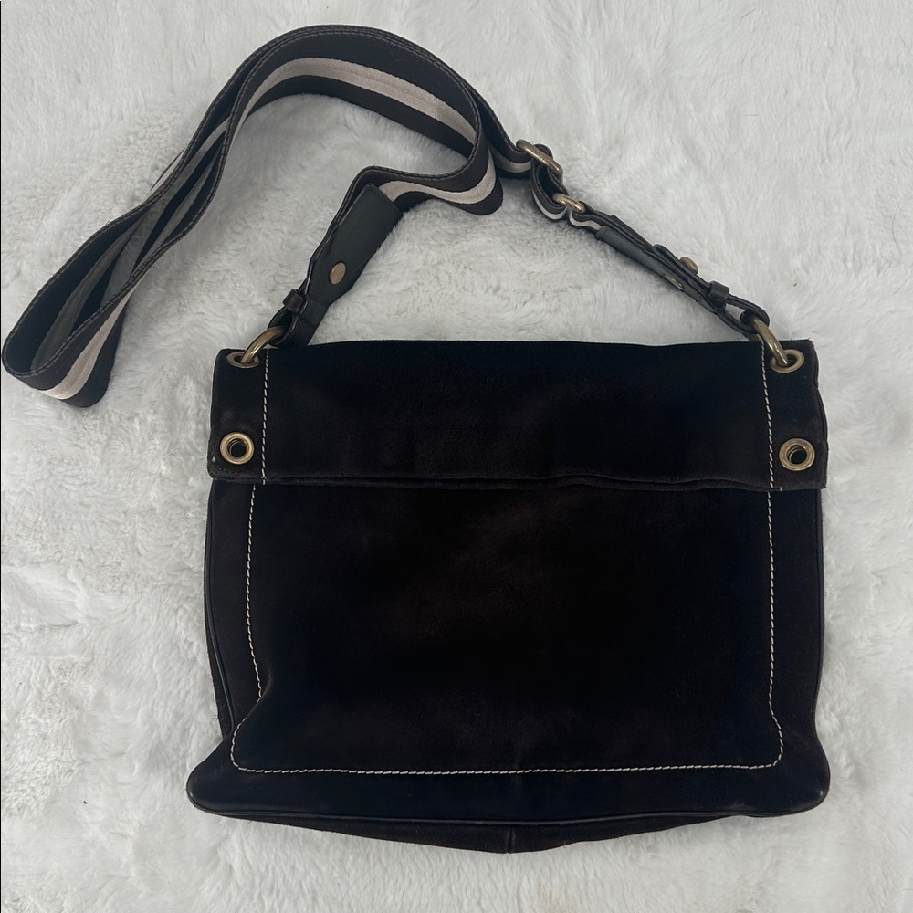 Bally Brown Suede Trensa Crossbody Bag with Striped Strap
